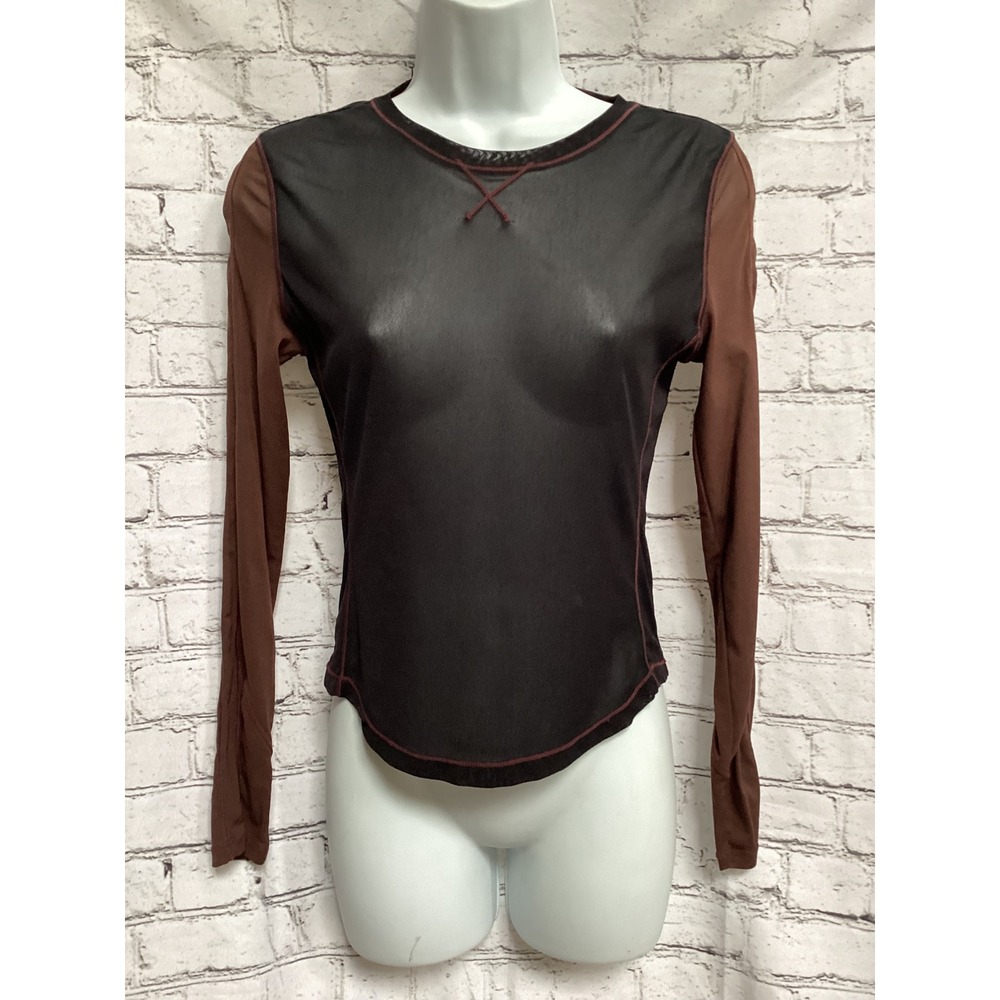 Free People Intimately Sheer Mesh Long Sleeve Top Black Brown Contrast Stitch XS